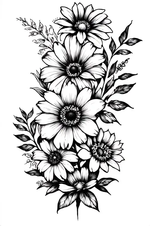 7 flowers of the months in a row middle one largest  tattoo design idea