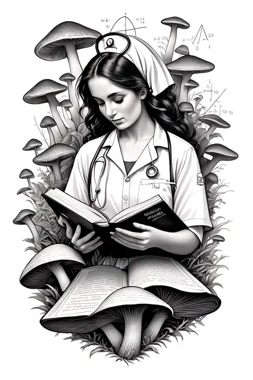 A black-grey tattoo of a nurse reading a book surrounded by Morel mushrooms and scientific equations tattoo design idea