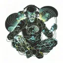 A traveler sitting cross-legged, floating in the infinite space of his mind, wearing a modern headset with dark metallic colors. His body is surrounded by a luminous aura in shades of electric. Pulsating waves of energy emanate from the headset, creating abstract and fluid shapes around him, like visual echoes of the music he is listening to. In the background, mental landscapes take shape: a sea of stars, suspended mountains, and glowing fragments of memories floating in the air. The atmosphere is futuristic, immersive, and introspective, evoking an inner journey through music and thoughts tattoo design idea
