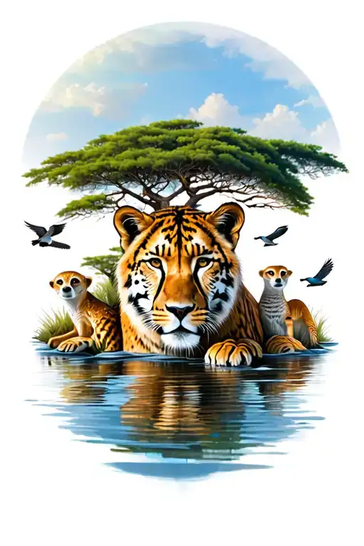 Safari tiger, african horizon, lioness, cheetah, meerkats, water, trees, birds tattoo design idea