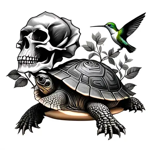 A turtle a rose, a skull, a hummingbird tattoo design idea
