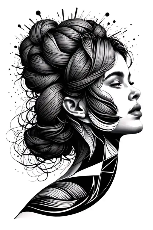 side profile female face with yarn exploding from top it tattoo design idea