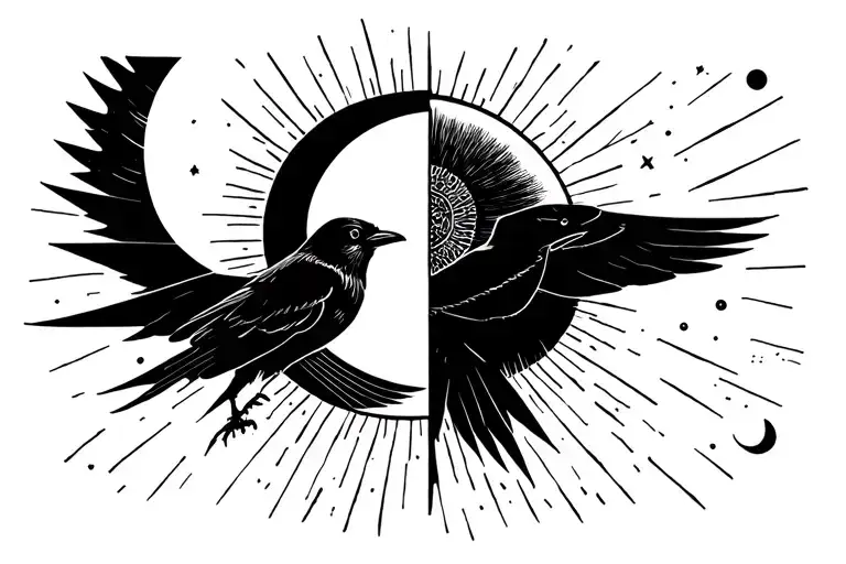 Half moon half sun. Planet earth, air/wind/spirit, light, fire, earth, air, water. Geometric elements. Black crow, tattoo design idea