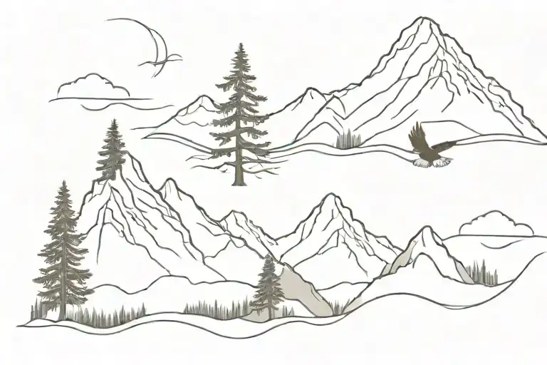 Vancouver mountains with a tree, bald eagle, and wave all connected tattoo design idea