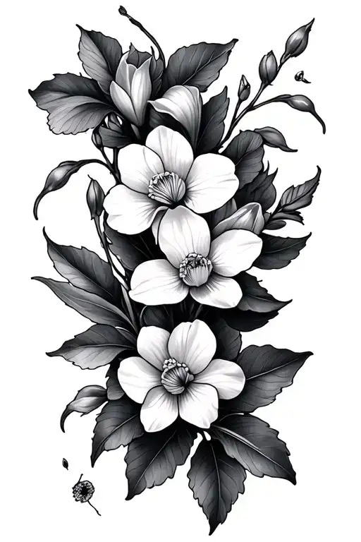 various cherry blossoms, iris flower and narcissus flower tattoo design idea
