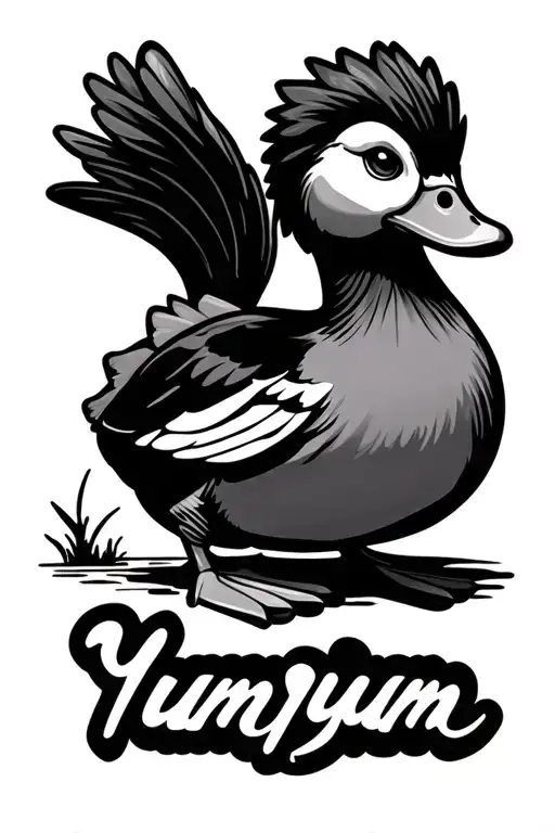 A Male Duck, with the Word "YumYum" next to it tattoo design idea