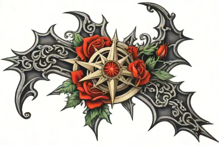 cross rose compass tattoo design idea
