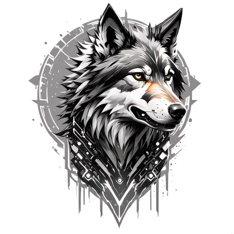 A futuristic wolf design with cybernetic enhancements reflecting the client's passions tattoo design idea