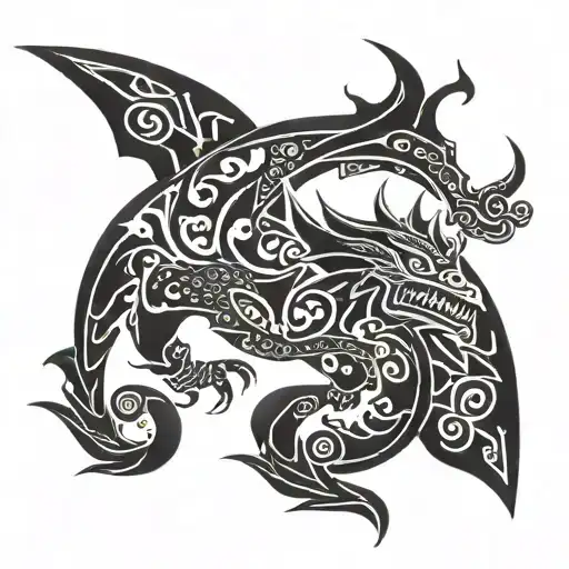 Polynesian manta ray Chinese dragon Sagittarius constellation merged tattoo design idea