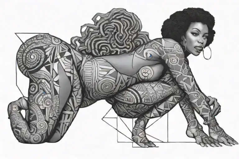 sexy Jamaican black girl, big boobs, seductive, siren, ocean, Afro centric, asian, broad nose, full body, siren eyes  tattoo design idea