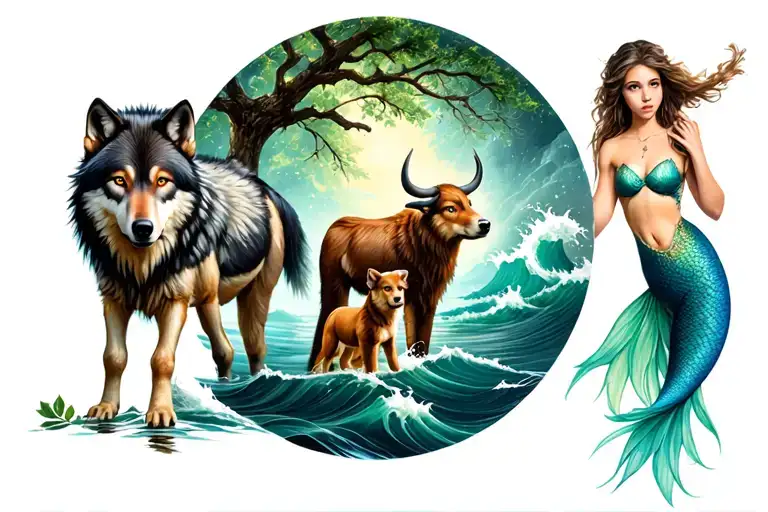 Round colored collage including mother wolf with 2 pups, a wood oxen, an ash tree, a mythical mermaid, water waves, a mo tattoo design idea