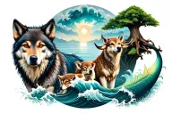 Round colored collage including mother wolf with 2 pups, a wood oxen, an ash tree, a mythical mermaid, water waves, a mo tattoo design idea