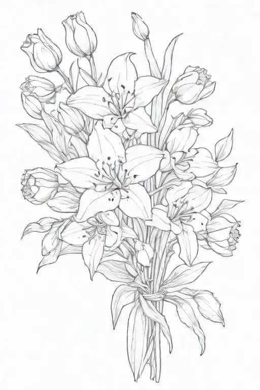 bouquet bluebells tulips black and grey tattoo design idea