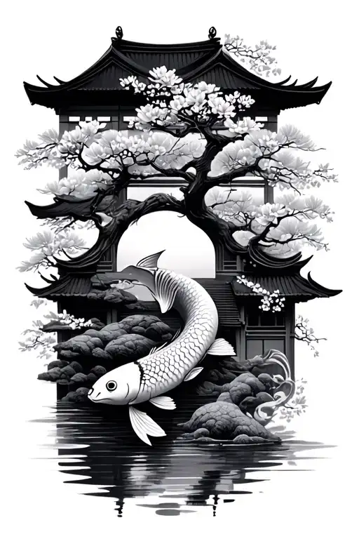 japanese architect, cherry blossom tree, koi fish, samurai tattoo design idea