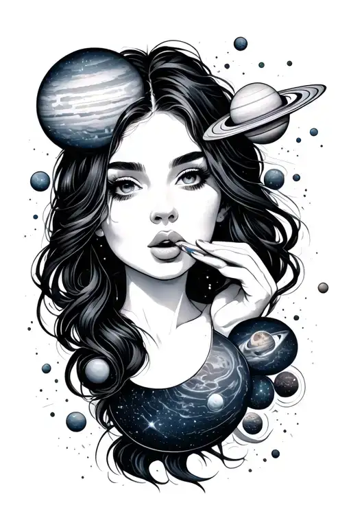 galaxy with a girl blowing a kiss to the planets orbiting tattoo design idea