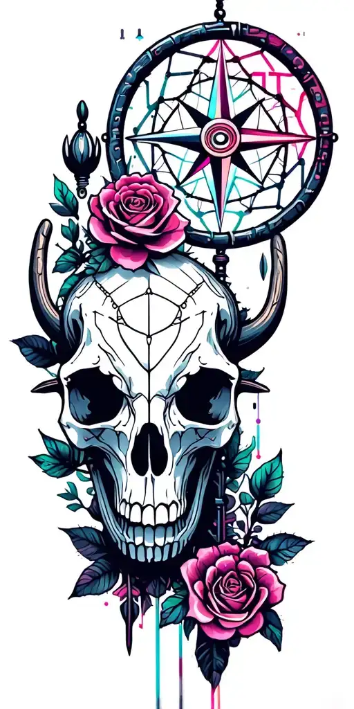 Southwest, Sunset, Cactus, Dead Roses, Compass, Dreamcatcher, Metal Snake, Longhorn skull tattoo design idea