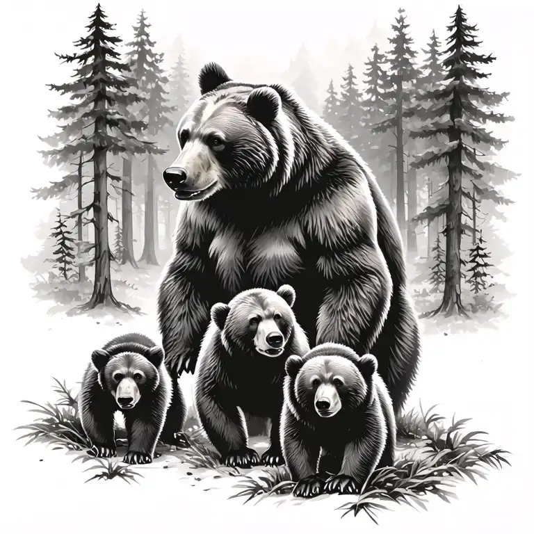 A fierce Mama Bear protecting her two playful cub bears in a forest setting large male bear standing behind them tattoo design idea