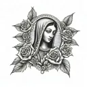 Virgin of Guadalupe with rosary and roses tattoo design idea