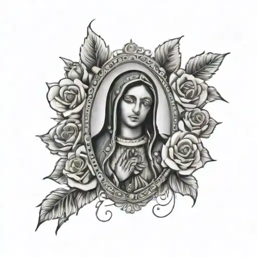 Virgin of Guadalupe with rosary and roses tattoo design idea