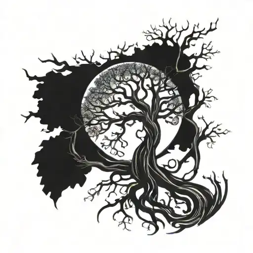 yggdrasil tree with inside sword piercing tattoo design idea