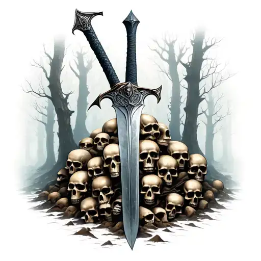 Greatsword in a pile of skulls surrounded by a mystical forest tattoo design idea