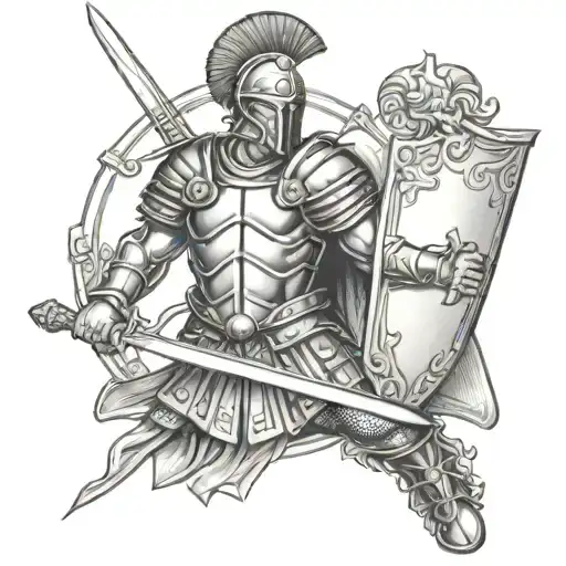 roman soldier holding sword and shield wearing armor tattoo design idea