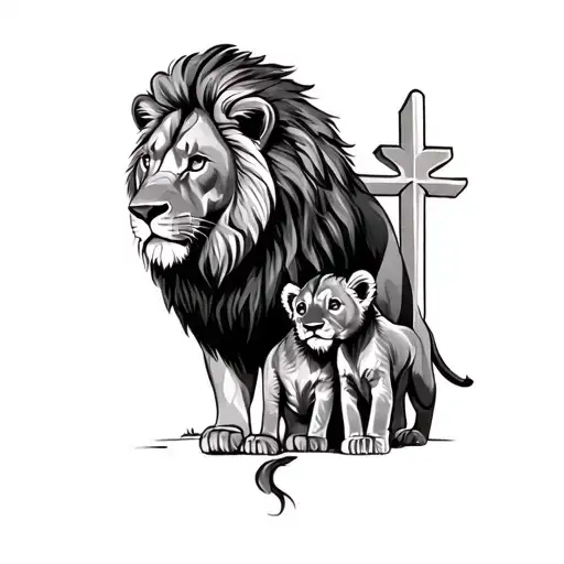 lion and 2 cubs with cross tattoo design idea