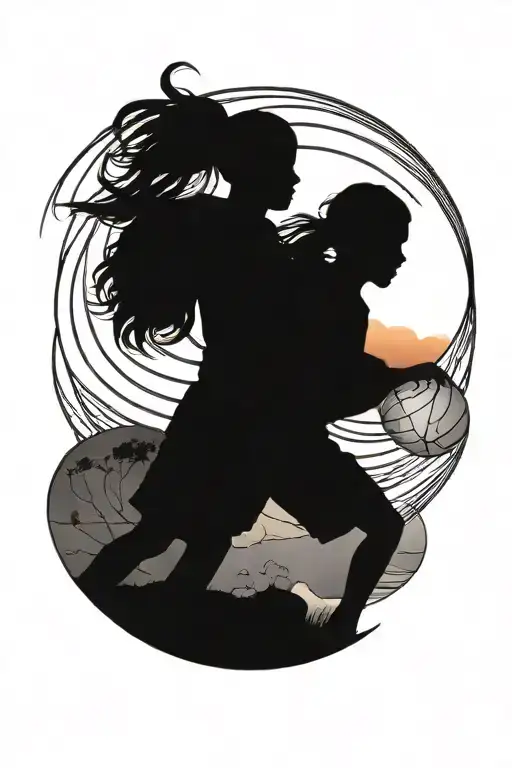 brother and sister play basketball sunset sky background tattoo design idea