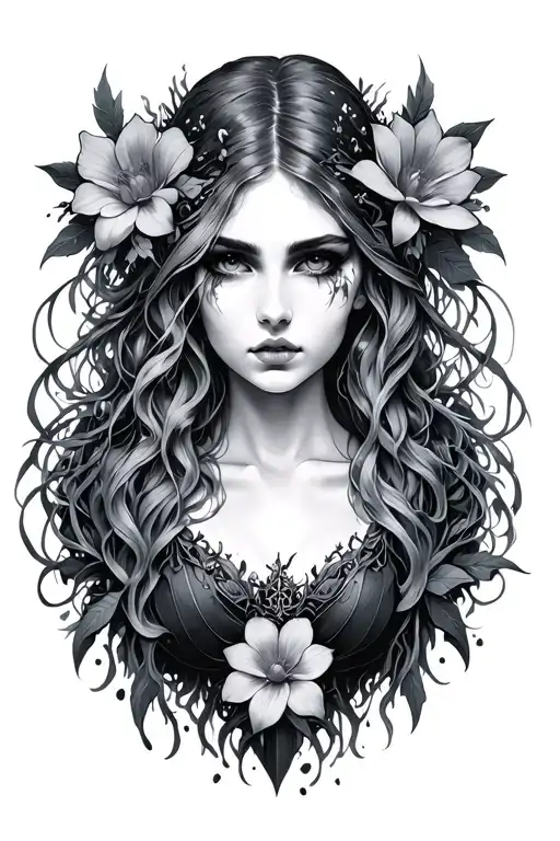 forest/ flower dark gothic  goddess  tattoo design idea