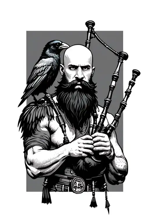 bald bagpiper with black beard with crow featherd muscular body with a mans head and hands playing blackbagpipes tattoo design idea
