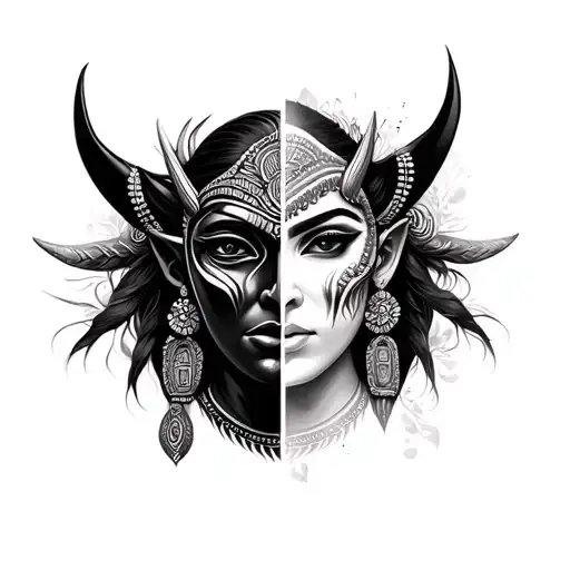 indian realism female face x oni mask split tattoo design idea