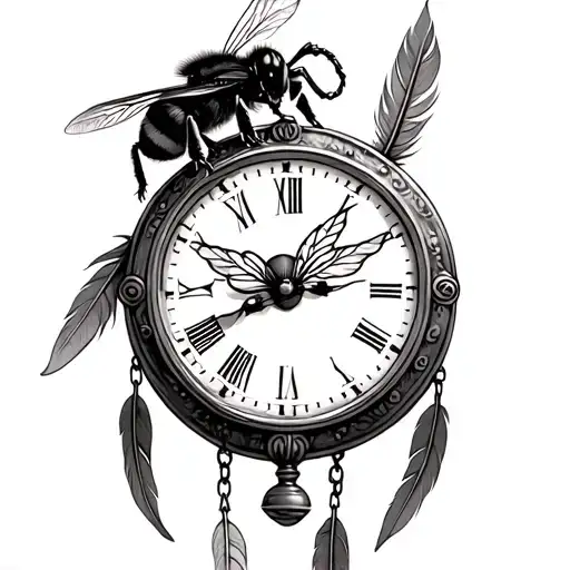 bumblebee on top of old broken stop watch with four feathers hanging from the old stop watch tattoo design idea