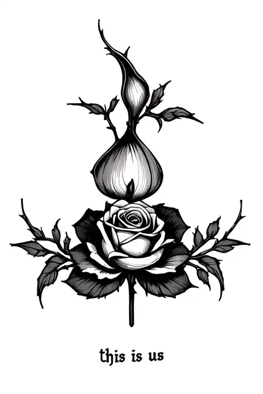 rose with thorns flanked by calla lily on both sides. hide a spade in the design. also use the words this is us in scrip tattoo design idea
