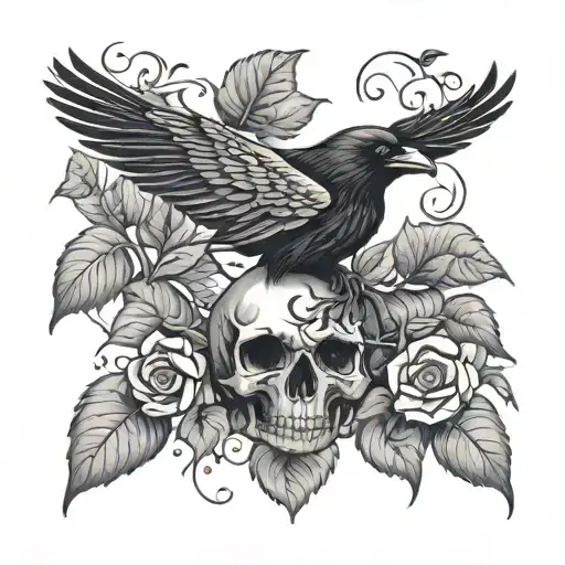 raven on a skull in rose vines tattoo design idea