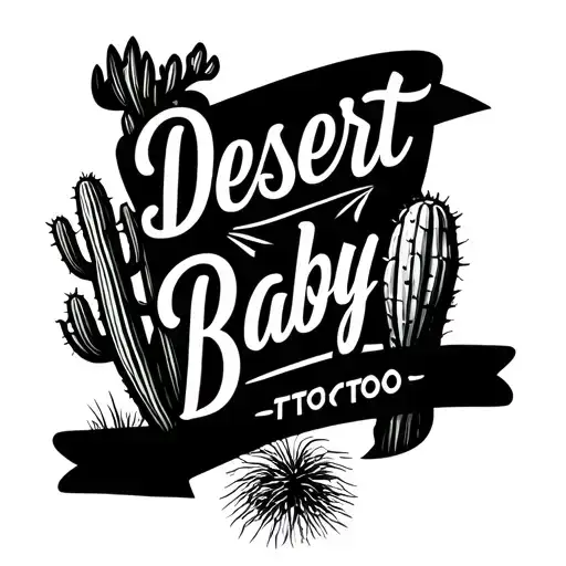 Please generate a tattoo concept, including the words "Desert Baby" in western font, Cacti, and a tumbleweed.  tattoo design idea
