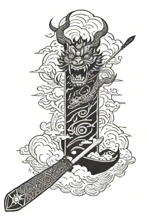 japanse clouds, dragon boat Paddle, devil one eyes, cross, Fine lines tattoo design idea