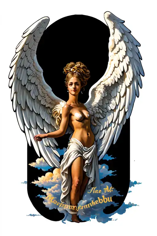 Please make me a angel wings and clouds with the letters “MTHEMBU” around the angel wings and clouds tattoo design idea