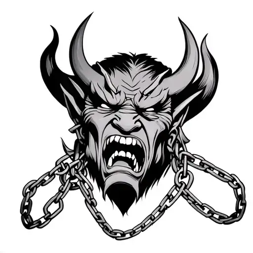 "A black and gray tattoo design of a crying Oni demon, bound by heavy chains. The Oni's face is fierce yet sorrowful, wi tattoo design idea