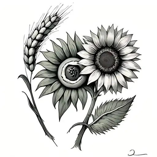 Walnut tree, wheat, sun flower, grean corn tattoo design idea