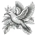 An intricate black and grey tattoo of a dove carrying an olive branch, symbolizing peace and spirituality tattoo design idea
