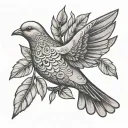 An intricate black and grey tattoo of a dove carrying an olive branch, symbolizing peace and spirituality tattoo design idea