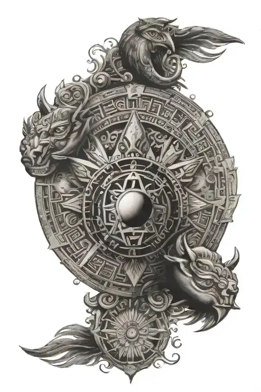 moon stars and aztec calendar merged tattoo design idea