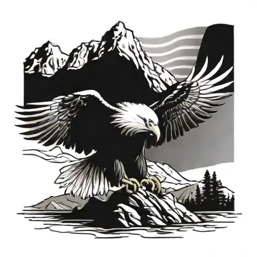 A majestic bald eagle soaring over a mountain range with an American flag in its talons tattoo design idea