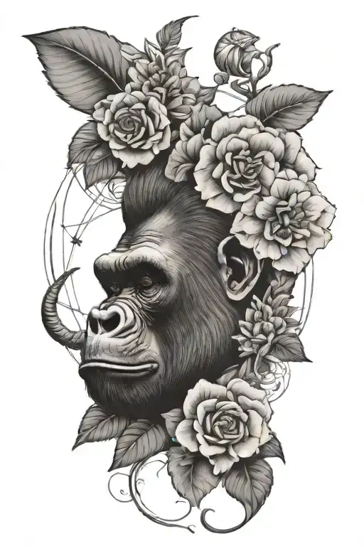 gorilla face and flowers with elephant head and compass tattoo design idea