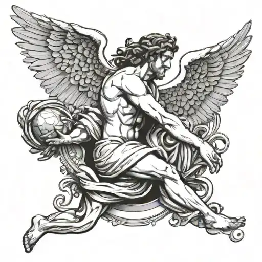 greek god lifting up world with angels helping tattoo design idea