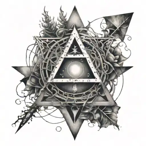 A triangle suspended in an infinite circle, with roots intertwining with stars. Hidden numbers like 111 and 777 tattoo design idea