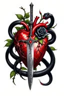 Dagger piercing a realistic bleeding heart ensnared by black roses with thorns and a black mamba tattoo design idea
