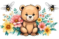 flowers, bees, tiny bear tattoo design idea