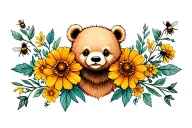 flowers, bees, tiny bear tattoo design idea