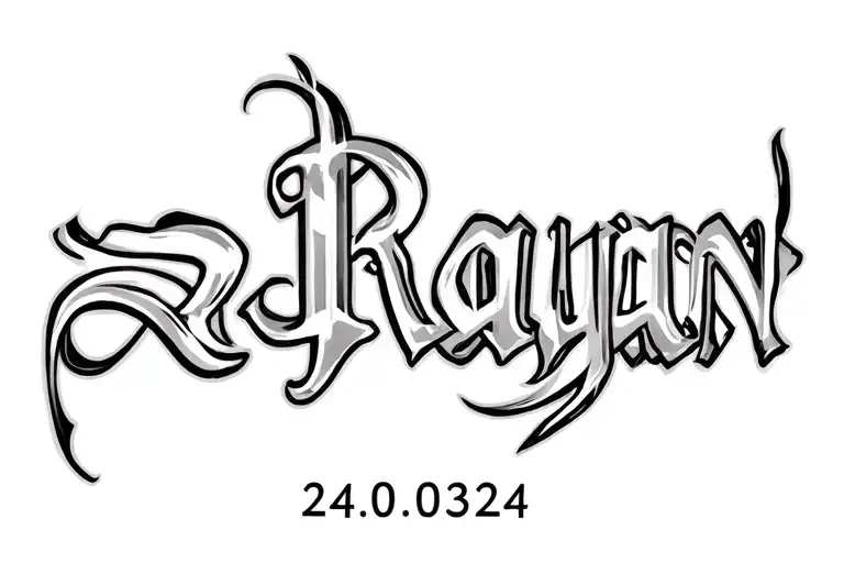 Name Rayan on forearm with 24.03.24 in English and Arabic script tattoo design idea